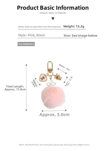 Detail view of pink bear heart keychain with dimensions 11cm and weight 15.2g