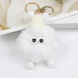 Dettaglio portachiavi a pompon in peluche bianco con mini cappello e occhiali scuri