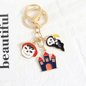 Detailed macro view of Halloween metal keychain featuring reaper, castle and skull charms