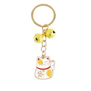 Porte-clés Chat de la Fortune avec clochettes dorées et pendentif Maneki-neko
