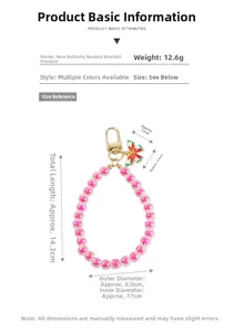 Size guide for pink butterfly beaded keychain with detailed length and weight measurements