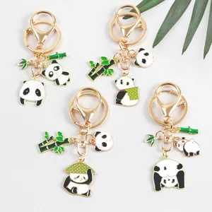 Simpatico Cartone Animato Panda Bambù Lega Portachiavi Placcato Oro Smalto Animale Ciondolo per Borsa Auto Chiave Gioielli