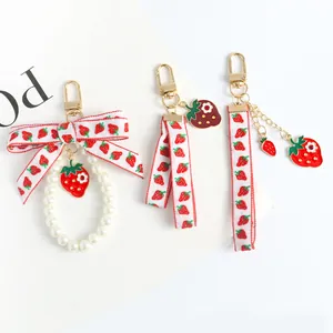 Cute Strawberry Ribbon Keychain Faux Artificial Pearl Bag Charm Alloy Fruit Enamel Pendant Accessory For Women Girls Gift