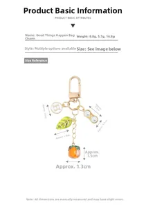 Size chart for persimmon and peanut keychain showing dimensions and weights in detail