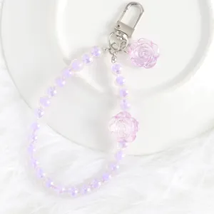 Cute purple crystal flower bead keychain with metallic clasp for bags and cars