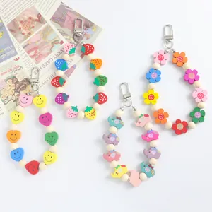 Simpatico Portachiavi in Perline di Legno per Donna Colorato Cartone Animato Elefante Fiore Cuore Smiley Borsa Fascino Auto Chiave Accessorio