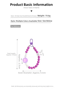 Detailed size chart for the colorful acrylic heart beaded phone charm and strap