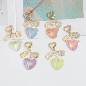 Vintage Heart Shape Keychain Iridescent Resin Heart Pendant Alloy Sailboat Coin Portrait Bag Charm For Women Gift