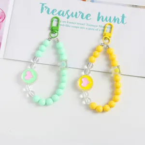 Colorful acrylic heart beaded keychain with mint green and yellow aesthetic beads