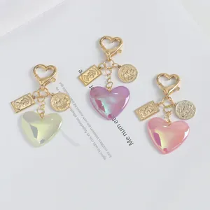 Glitter heart alloy keychain set with colorful aurora acrylic charms and gold plating