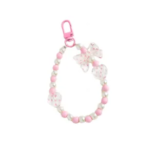 Portachiavi Kawaii con perline rosa ciondoli a cuore e fiocco a pois per telefoni