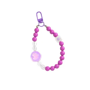 Handmade purple beaded mobile phone chain with acrylic heart pendant and metal lobster clasp