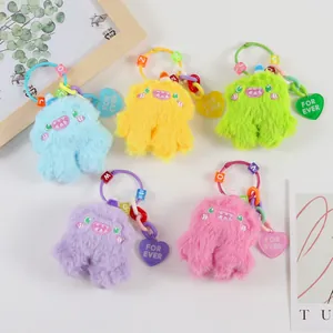 Cute Plush Monster Keychain Cartoon Fuzzy Animal Bag Charm With Heart Pendant And Letter Beads For Women Girls Backpack Decoration