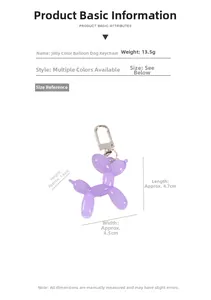 Size chart showing dimensions for the cute jelly balloon dog keychain in purple resin