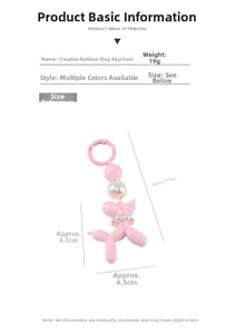 Pink resin balloon dog keychain with white pearls and spring ring dimensions detailed