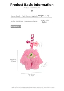 Pink plush monster keychain with dimensions 9.5x9.0cm and flower charm detailing