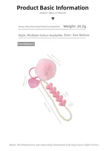 Size guide for pink pompom and faux pearl heart keychain with dimensions and weight info