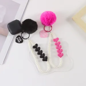 Fashionable heart pearl keychain with plush fur ball and FOR EVER charm for bags and cases