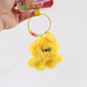 Cute yellow plush keychain for bags with heart tag and colorful beads accessory