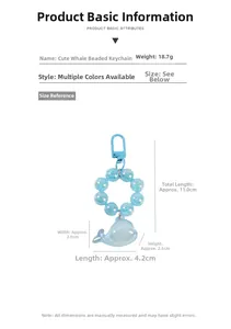 Detailed size specifications for a blue resin whale beaded keychain with measurements