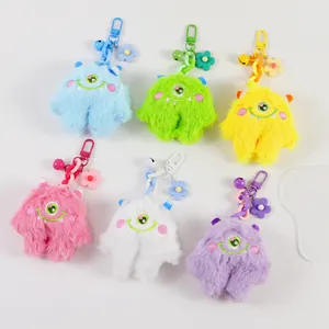 Cartoon Big Eyed Monster Plush Keychain Cute Small Creature Bag Charm With Bell Flower Pendant For Backpack Car Keys