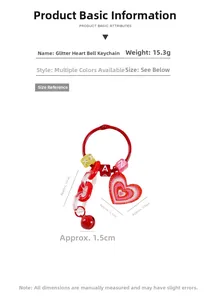 Portachiavi a cuore rosso glitterato con campanello e perline alfabetice da 7,3 cm