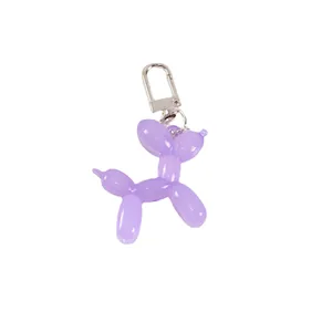 Cute purple jelly balloon dog keychain made of transparent resin with silver metal hook