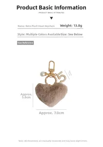 Detail view of plush brown heart keychain with pearl number 5 charm and dimensions