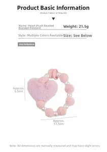 Détail du porte-clés peluche cœur rose montrant les dimensions et le poids de 21,5g