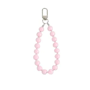 Pink acrylic bead keychain with silver metal spring ring for phone or bag charm