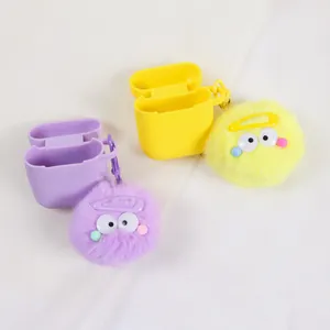 Étuis mignons en silicone pour écouteurs avec pompons en peluche en violet et jaune