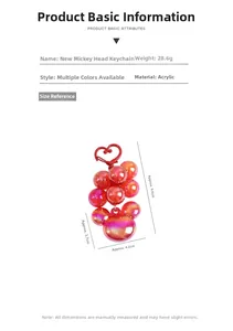 Detail view of acrylic mouse-shaped keychain showing dimensions 9.0cm and weight 28.6g