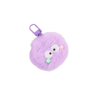 Porte-clés pompon en peluche violet avec yeux de dessin animé et pince à cheveux pour sacs