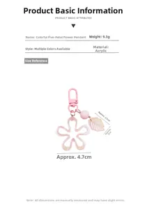 Detailed specs of iridescent flower keychain showing 9.3g weight and 4.7cm width