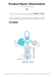 Detailed chart showing size, weight, and resin material for luminous bear keychain