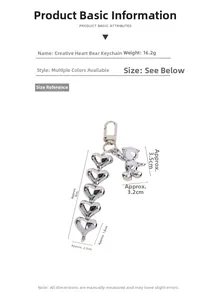 Silver bear and heart charm keychain with lobster clasp, length about 9cm, weight 16.2g