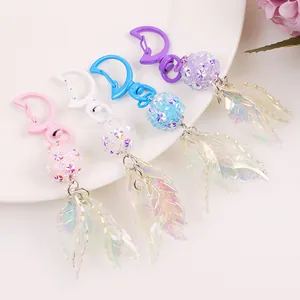Sweet Korean Iridescent Leaf Moon Keychain With Rhinestone Glitter Ball For Women Bag Charm Car Key Accessory Gift