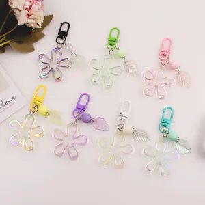 Pastoral Iridescent Acrylic Flower Keychain With Leaf Charm And Bead For Women Bag Pendant Key Ring Accessory Gift
