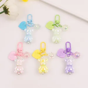 Luminous Iridescent Resin Bear Keychain With Heart Flower Charm Pearlescent Bag Pendant Accessory For Women Girls Gift