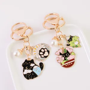 Cartoon Cat Enamel Keychain Alloy Metal Animal Pendant With Artificial Pearl Cute Bag Charm Accessory For Women Girls