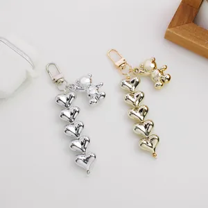 Metallic Sweet Cool Heart Beaded Bear Keychain Trendy Alloy Bag Charm Accessory For Car Key Earphone Case Gold Silver