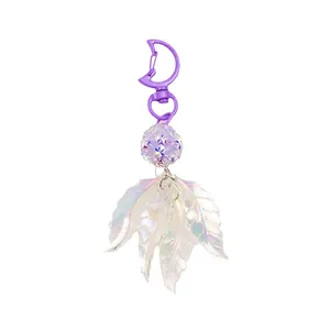 Purple moon keychain with sparkling bead and iridescent leaf pendants for handbags