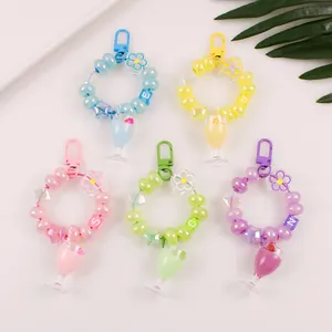 Acrylic Beaded Keychain With Miniature Milk Tea Cup Flower Star Letter Beads Personalized Bag Charm For Women Girls Gift