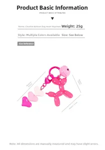 Pink resin balloon dog keychain with heart charm and small bell, 25g lightweight accessory
