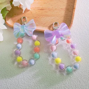 Macaron color beaded keychain with laser butterfly bow and pastel round beads