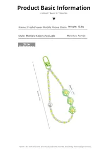 Detail view of 17cm acrylic flower phone charm with green beads and lobster clasp