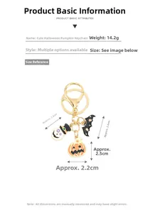 Detailed size chart for Halloween keychains showing dimensions of ghost, bat and pumpkin