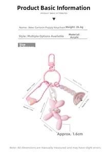 Detailed size specifications of pink acrylic balloon dog keychain with rainbow beads