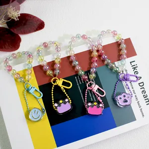 Colorful beaded acrylic keychains with smiley flower and cat paw charms for bag decoration