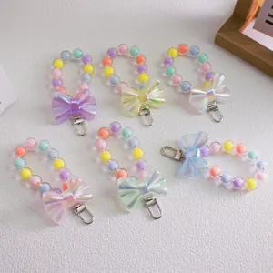 Sweet Macaron Color Beaded Bow Keychain For Women Girls Acrylic Bead Bag Charm Mobile Phone Strap Lanyard Accessory Gift